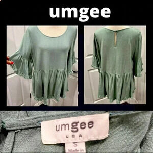 Umgee Mint Linen blend frayed edge keyhole back gathered waist blouse sh… ❤️